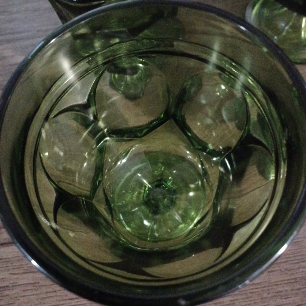 Vintage green glass goblets indiana heavy paneled thumbprint set of 6 - Picture 4 of 10
